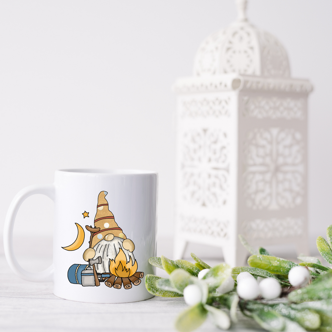 Camping gnome with sleeping bag mug